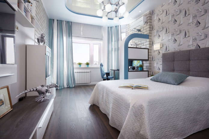 Habitación en tonos blancos y azules