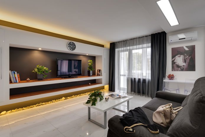 Interior de una cocina-sala de estar en un estilo moderno
