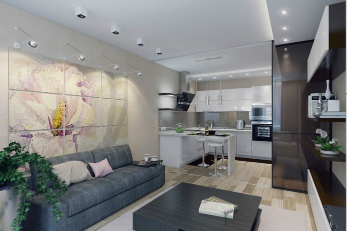 Interior de una cocina-sala de estar en un estilo moderno