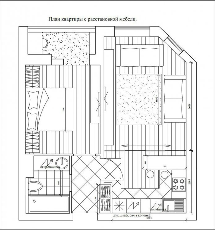 Diseño de un apartamento de dos habitaciones de 50 metros cuadrados.