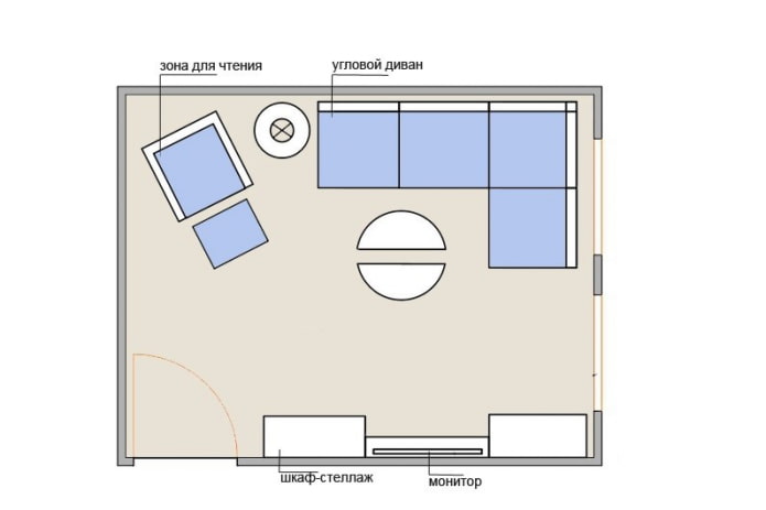 15 sq. m living layout with a corner sofa