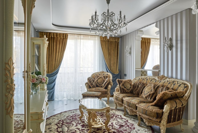 Interior de un salón de 16 metros cuadrados de estilo clásico