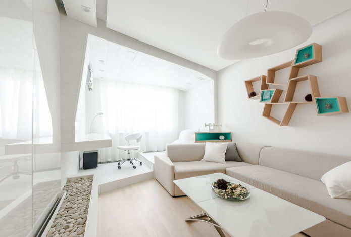 Interior de un salón de 16 metros cuadrados de estilo minimalista