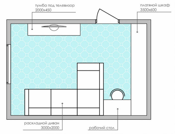 Esquema de una sala de estar rectangular