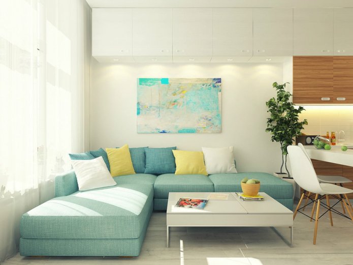 Sala de estar en el proyecto de diseño de un estudio de 29 m².