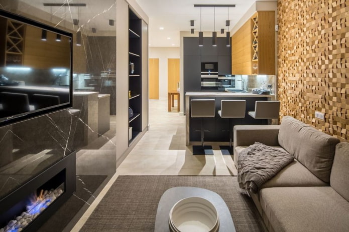 cocina-salón rectangular de 17 metros cuadrados