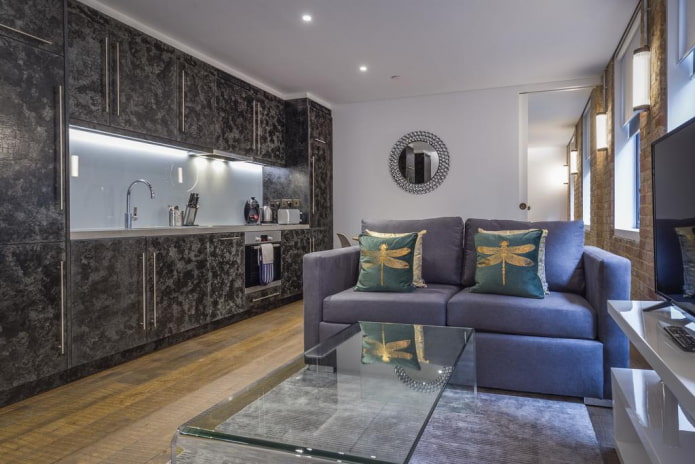 Disposición de muebles en una cocina-salón de 17 metros cuadrados