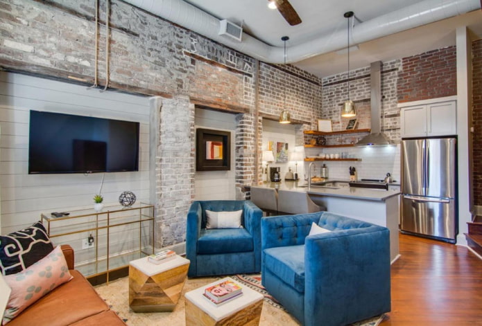 Cocina-salón de 17 metros cuadrados en estilo loft