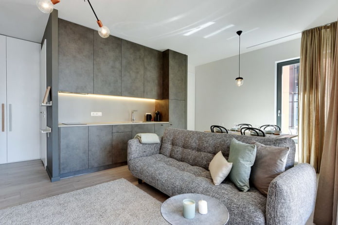 Diseño de una pequeña cocina combinada con una sala de estar