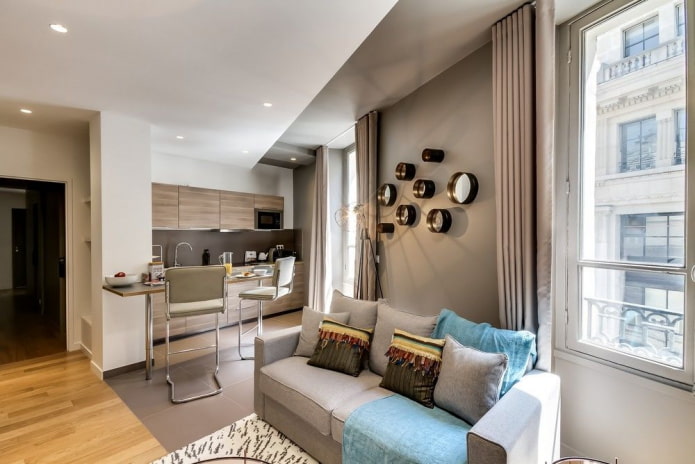 mobiliario de una cocina-salón de 17 metros cuadrados
