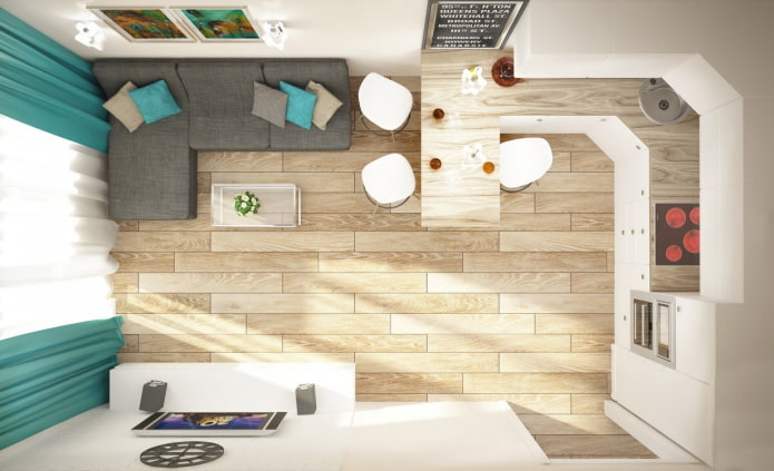 cocina-salón rectangular de 17 metros cuadrados
