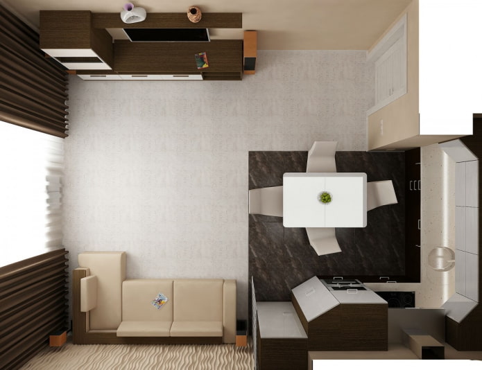 Cocina-sala de estar cuadrada de 17 m2