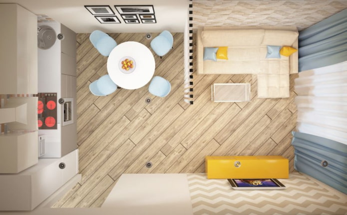cocina-salón rectangular de 17 metros cuadrados