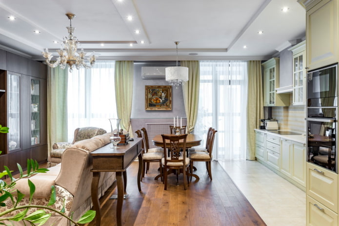 Cocina-salón rectangular de 20 m²