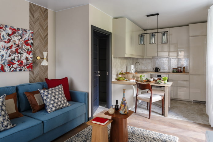 cocina-salón rectangular de 20 metros cuadrados