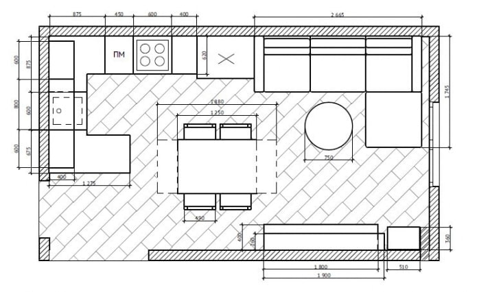 Plano de la cocina-salón con muebles y electrodomésticos