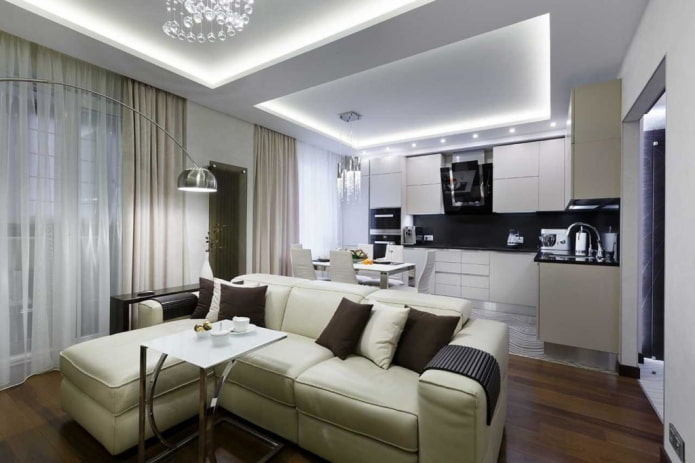 cocina-salón de 20 m² con sofá junto a la ventana