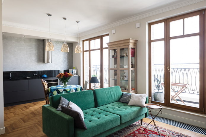 disposición de una cocina-sala de estar con un área de 20 metros cuadrados