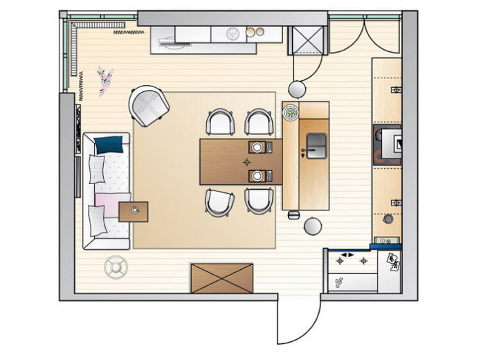 Ejemplo de distribución de muebles en una cocina-salón