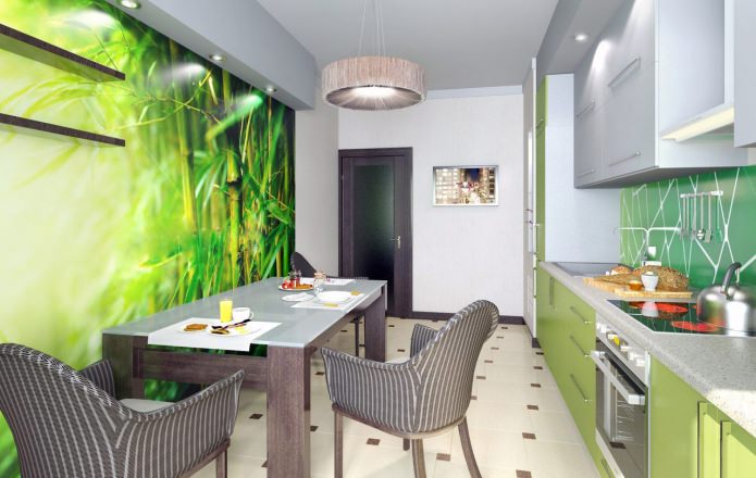Papel pintado verde en la cocina de estilo moderno