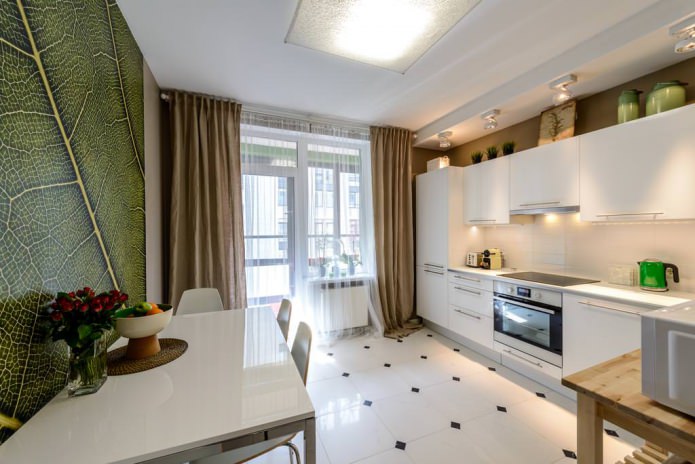 Papel pintado verde en la cocina de estilo moderno