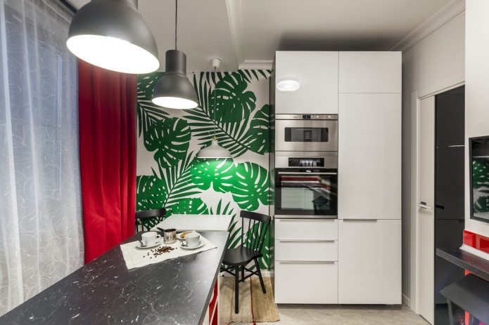 Cortinas de cocina con papel pintado verde