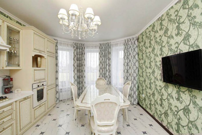 Papel pintado verde para la cocina de estilo clásico