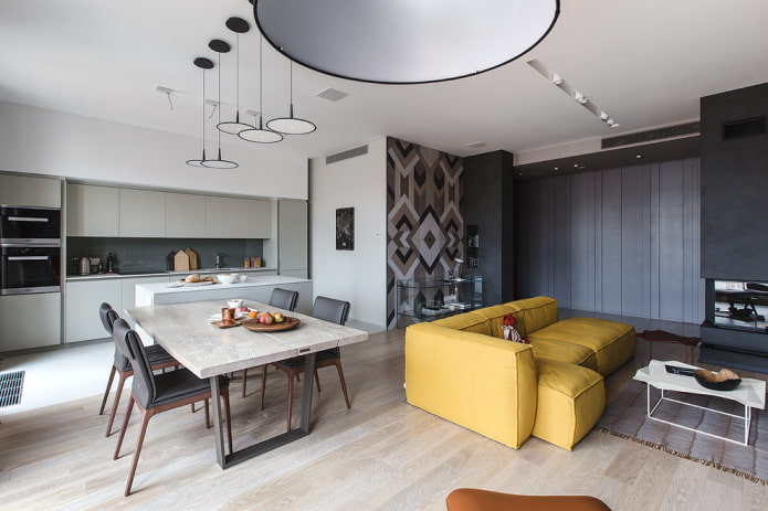 Diseño de interiores de cocina con sala y comedor