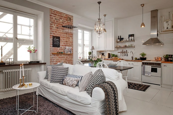 Cocina-comedor-sala de estar de estilo escandinavo