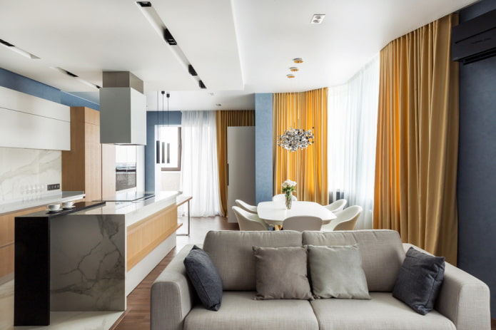 Diseño de interiores de cocina con sala y comedor