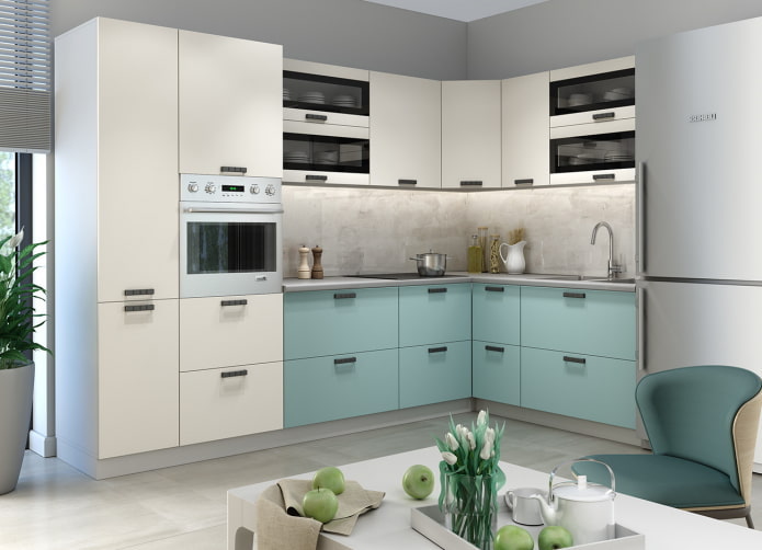conjunto de cocina blanco y turquesa