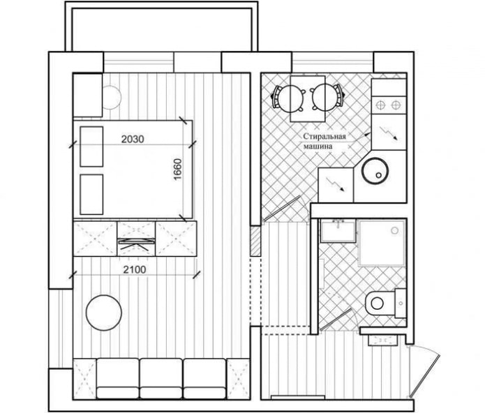 Distribución del apartamento de 32 metros cuadrados
