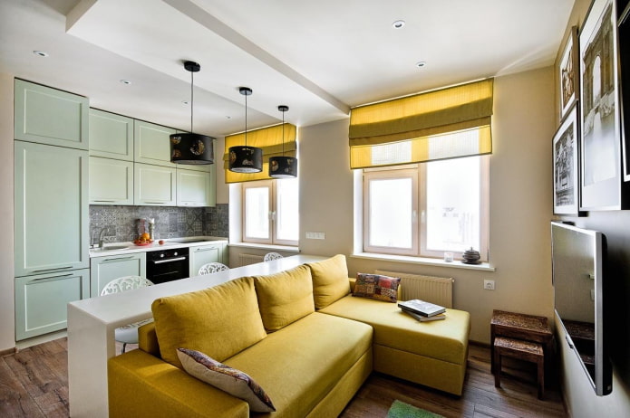 diseño de un apartamento de dos habitaciones de estilo europeo de 35 metros cuadrados