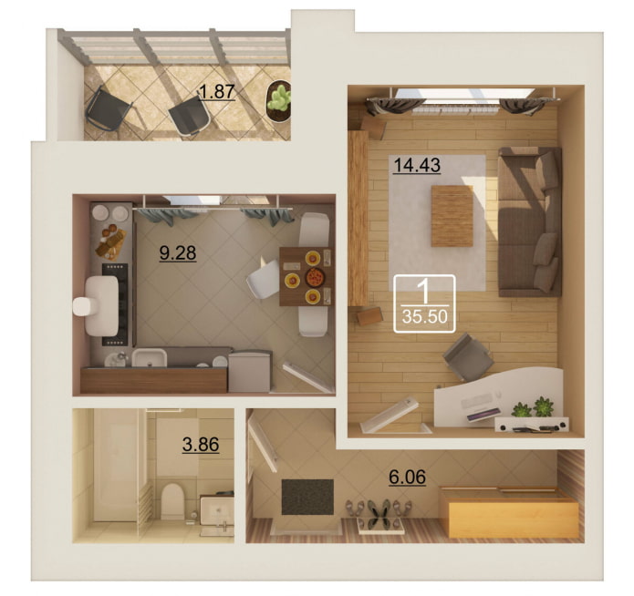 interior de un apartamento de una habitación de 35 metros cuadrados