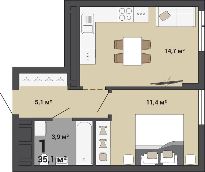 Distribución de un apartamento de 35 m².