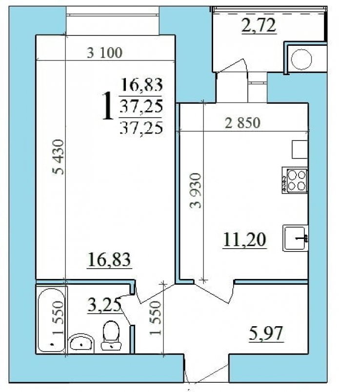 Superficie del apartamento: 37 m²