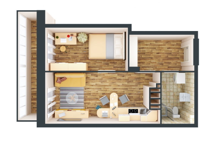 Cocina y dormitorio tipo estudio