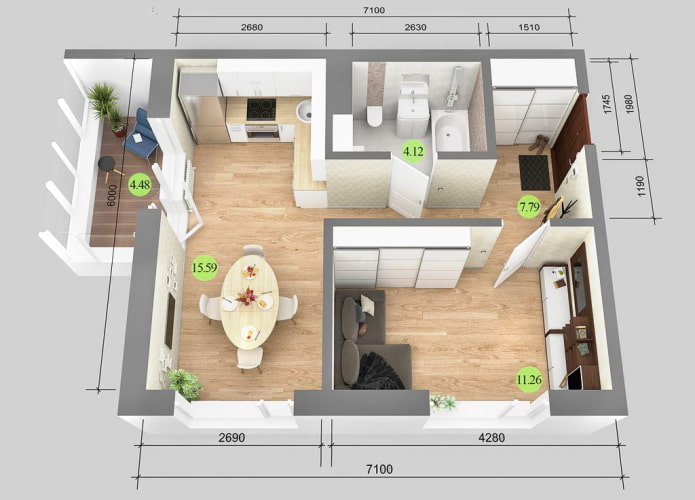 Diagrama de apartamento de 38 m² con metraje