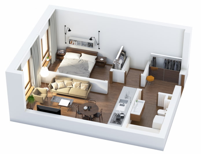 Apartamento de dos habitaciones de estilo europeo con salón-cocina