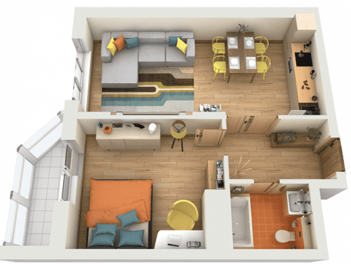 Distribución del apartamento de 45 m².