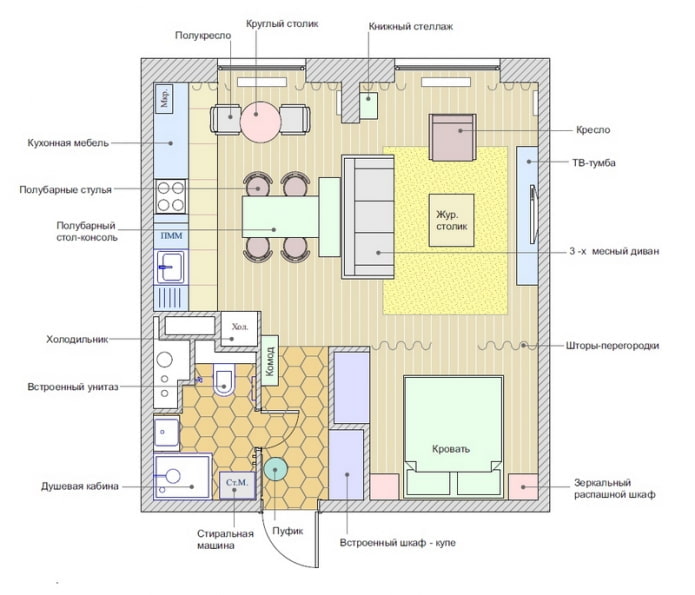 Distribución del apartamento de 45 m².
