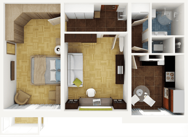 Distribución de un apartamento de 45 m².