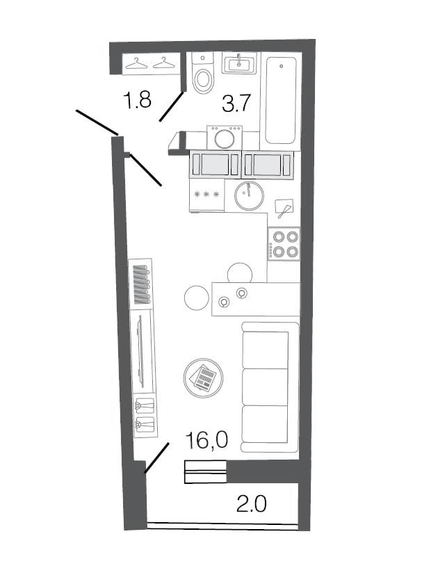 Disposición del estudio 20 m2.