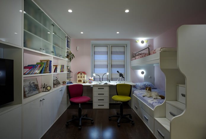 Iluminación en el interior de una habitación infantil para dos niñas