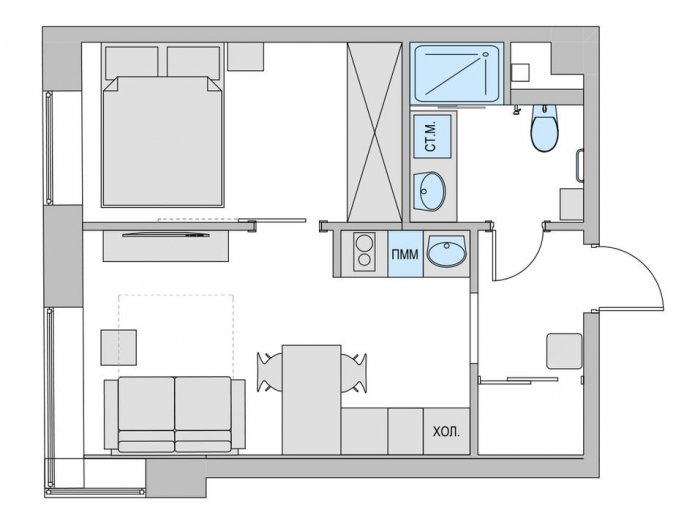 plano de un pequeño apartamento de dos habitaciones