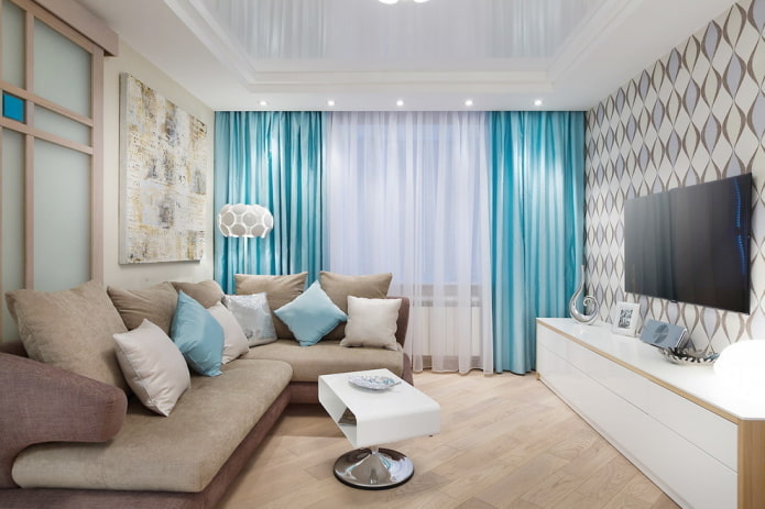 sala de estar pequeña con papel pintado