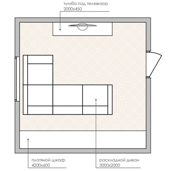 Diagrama de distribución de una sala de estar pequeña con un sofá esquinero