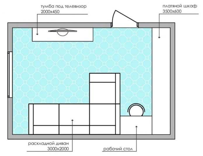 Diagrama de distribución de una sala de estar pequeña con un sofá esquinero
