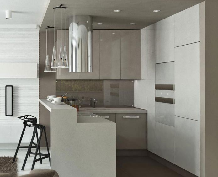 Interior de una cocina pequeña con barra