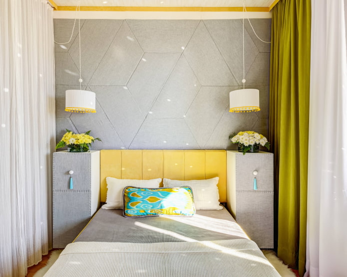 dormitorio gris y amarillo